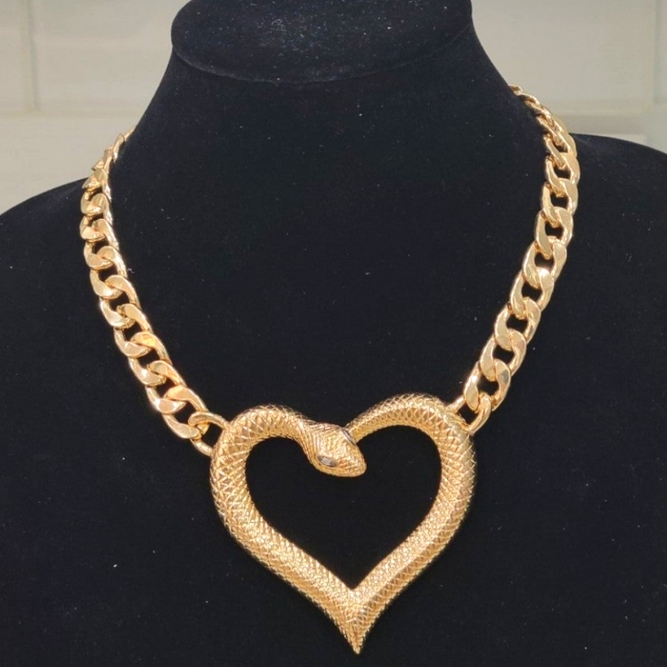 Goldplated Embellished Metal Heart Shaped Snake Pendant Necklace